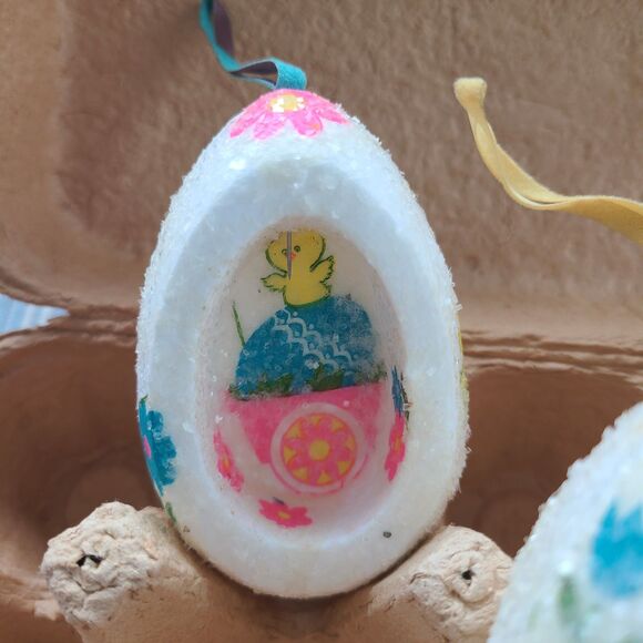 Vintage Large Sugared Glitter Foam Mod Eggs Floral Easter Decoupage Handmade - Picture 6 of 9